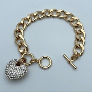 Gold-Tone Chain Bracelet with Pave Crystal Heart Charm & Toggle Clasp